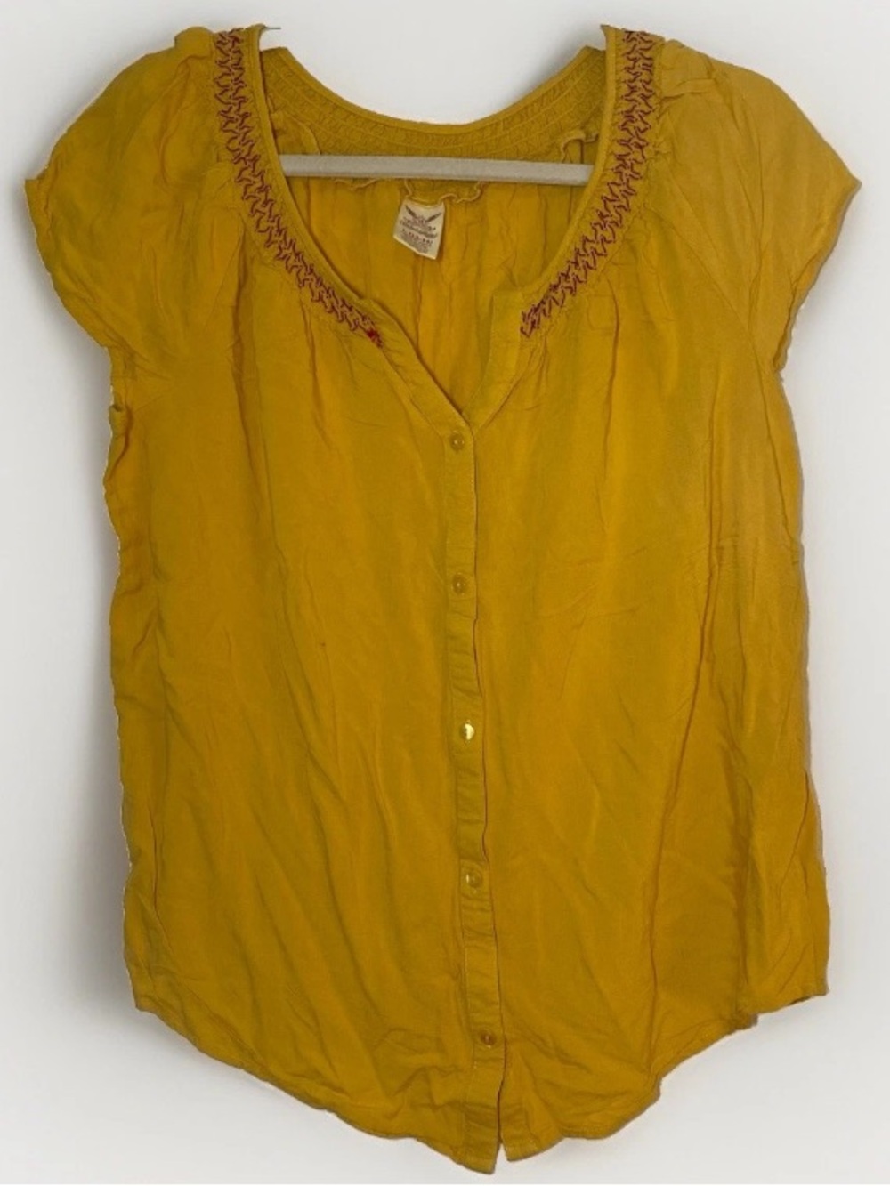 Faded Glory Large 12-14 Yellow Shirt Short Sleeve Button Up Summer Red Stitching